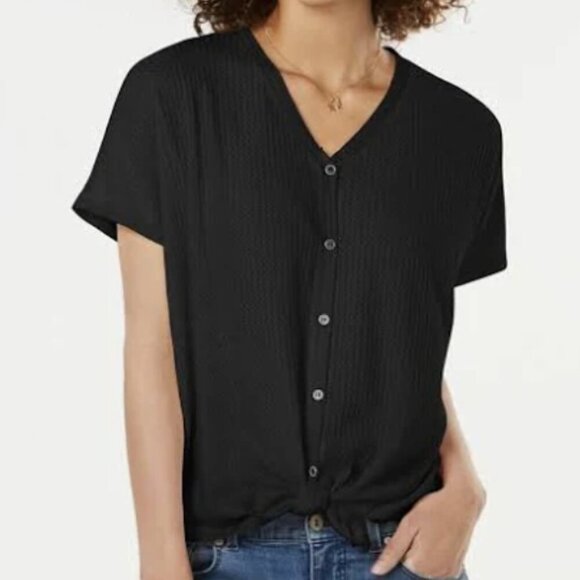 Style & Co Short Sleeve Button Down Textured Tie-Hem Top - Black - size 1X - Picture 10 of 10